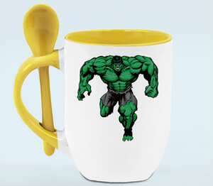 Халк (Hulk) кружка с ложкой в ручке (цвет: белый + желтый)