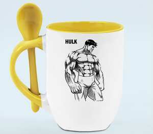 Халк (Hulk) кружка с ложкой в ручке (цвет: белый + желтый)