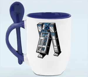 R2D2 x Tars (Star wars x Interstellar) кружка с ложкой в ручке (цвет: белый + синий)