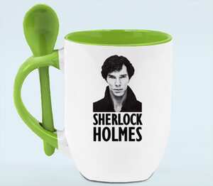 Sherlock Holmes кружка с ложкой в ручке (цвет: белый + зеленый)
