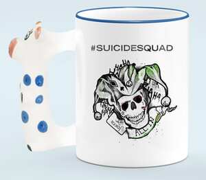 Джокер, Отряд самоубийц (Joker all in, suicide squad) кружка с ручкой в виде коровы (цвет: белый + синий)