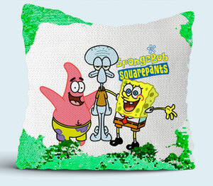 Губка Боб квадратные штаны, Патрик и Сквидворд (SpongeBob SquarePants) подушка с пайетками (цвет: белый + зеленый)