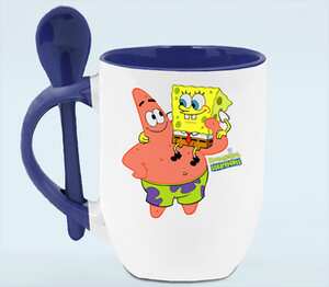Губка Боб и Патрик (SpongeBob SquarePants) кружка с ложкой в ручке (цвет: белый + синий)