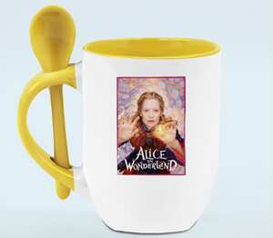 Алиса в стране чудес (Alice in wonderland) кружка с ложкой в ручке (цвет: белый + желтый)
