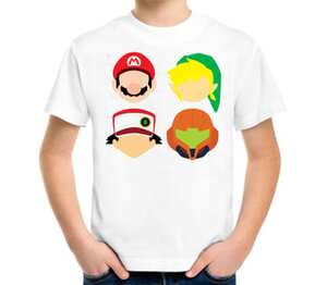 Герои 8-бит (Покемон, Марио, Линк, Зельда) детская футболка с коротким рукавом (цвет: белый)