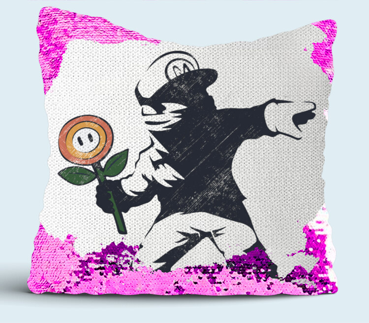Граффити Марио подушка с пайетками (цвет: белый + сиреневый)