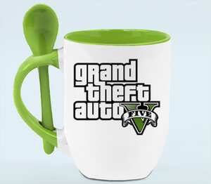 Grand Theft Auto 5 кружка с ложкой в ручке (цвет: белый + зеленый)