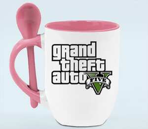 Grand Theft Auto 5 кружка с ложкой в ручке (цвет: белый + розовый)