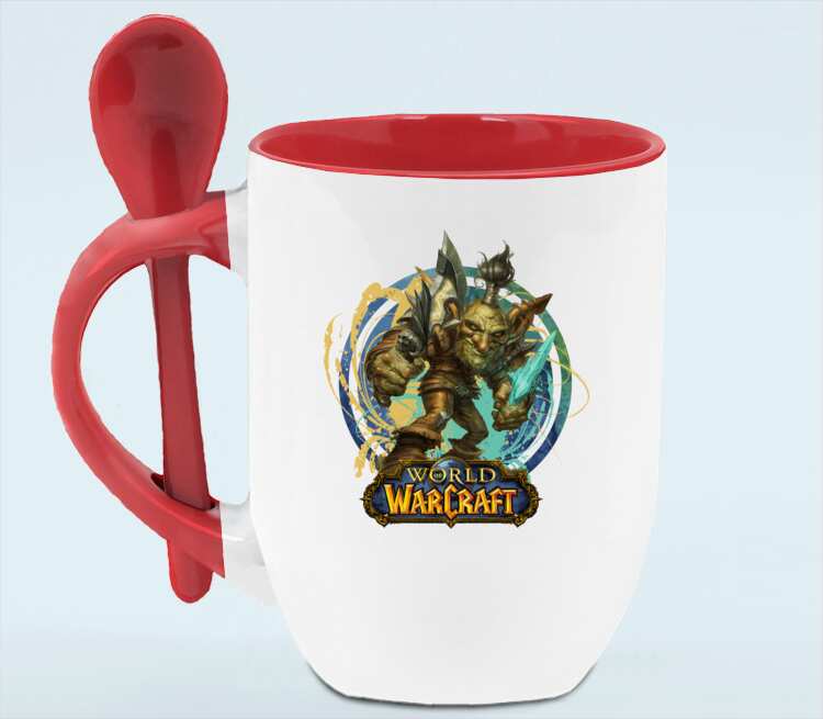 Гоблин Варлок - Goblin Warlock (World Of Warcraft) кружка с ложкой в ручке (цвет: белый + красный)