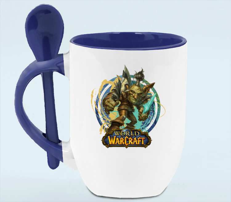 Гоблин Варлок - Goblin Warlock (World Of Warcraft) кружка с ложкой в ручке (цвет: белый + синий)