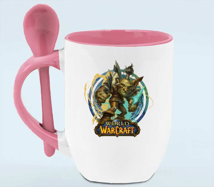 Гоблин Варлок - Goblin Warlock (World Of Warcraft) кружка с ложкой в ручке (цвет: белый + розовый)
