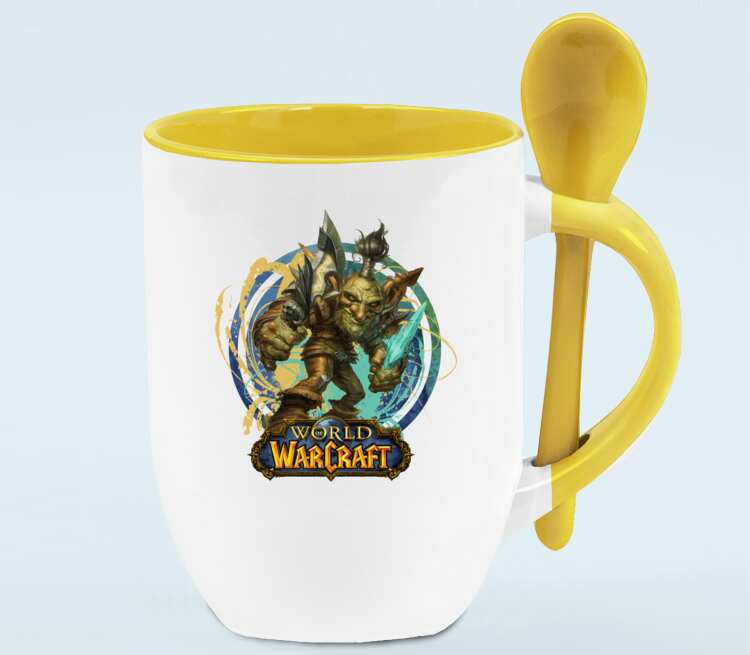 Гоблин Варлок - Goblin Warlock (World Of Warcraft) кружка с ложкой в ручке (цвет: белый + желтый)