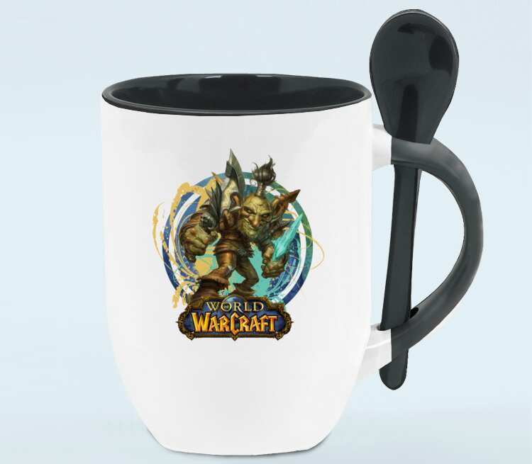 Гоблин Варлок - Goblin Warlock (World Of Warcraft) кружка с ложкой в ручке (цвет: белый + черный)