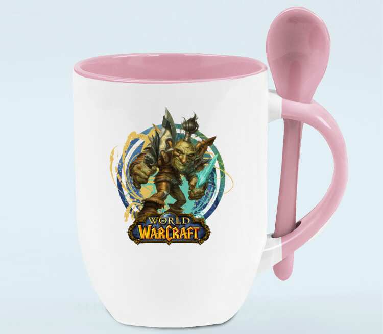Гоблин Варлок - Goblin Warlock (World Of Warcraft) кружка с ложкой в ручке (цвет: белый + розовый)