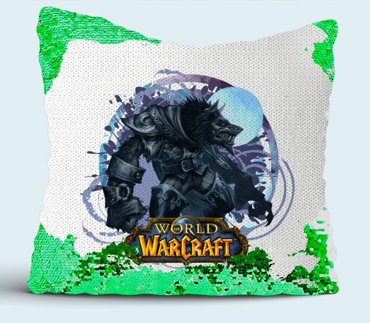 Волк Оборотень (World Of Warcraft) подушка с пайетками (цвет: белый + зеленый)
