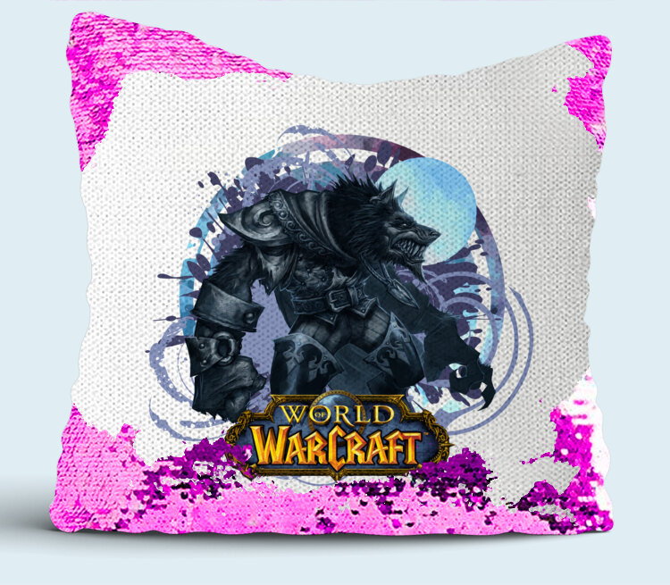 Волк Оборотень (World Of Warcraft) подушка с пайетками (цвет: белый + сиреневый)