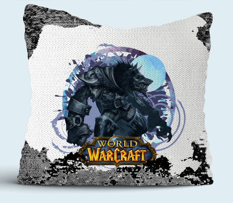 Волк Оборотень (World Of Warcraft) подушка с пайетками (цвет: белый + черный)