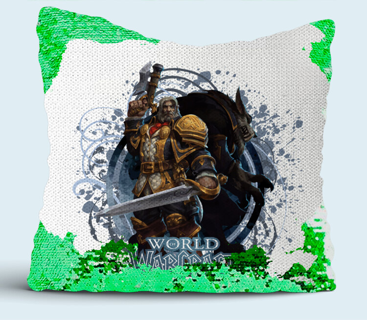 Генн Седогрив и Ворген - Genn Greymane and Worgen (World Of Warcraft) подушка с пайетками (цвет: белый + зеленый)