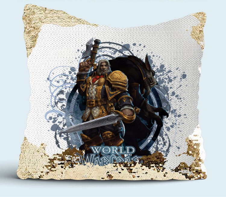 Генн Седогрив и Ворген - Genn Greymane and Worgen (World Of Warcraft) подушка с пайетками (цвет: белый + золотой)