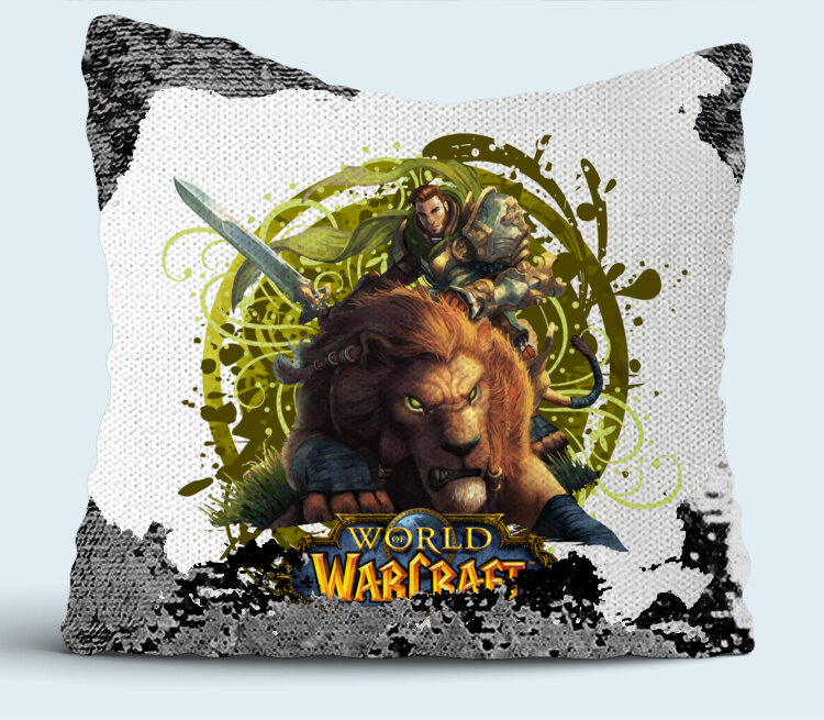 Львы воины - Lions warrior (World Of Warcraft) подушка с пайетками (цвет: белый + черный)