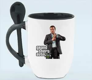 Майкл Де Санта (Grand Theft Auto GTA) кружка с ложкой в ручке (цвет: белый + черный)