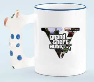 Grand Theft Auto V (GTA 5) кружка с ручкой в виде коровы (цвет: белый + синий)