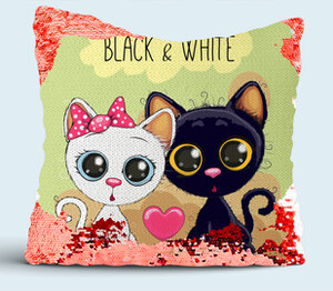 Черный и белый котенок (black and white) подушка с пайетками (цвет: белый + красный)