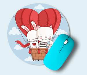 Влюбленные зайчик и котик на воздушном шаре коврик для мыши круглый с полной запечаткой (цвет: белый)