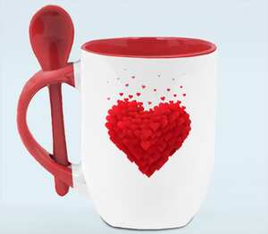 Сердце из сердечек кружка с ложкой в ручке (цвет: белый + красный)