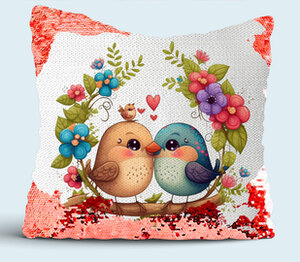 Влюбленные птички на ветке подушка с пайетками (цвет: белый + красный)