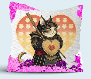 Кот самурай - защитник сердца подушка с пайетками (цвет: белый + сиреневый)