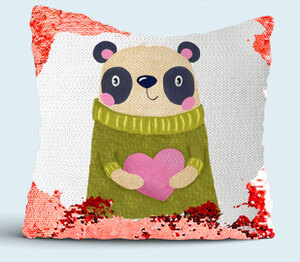 Панда с сердечком подушка с пайетками (цвет: белый + красный)