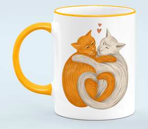 Влюбленные котики кружка с кантом (цвет: белый + оранжевый)