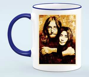 Джон Леннон и Йоко Оно  кружка с кантом (цвет: белый + синий)