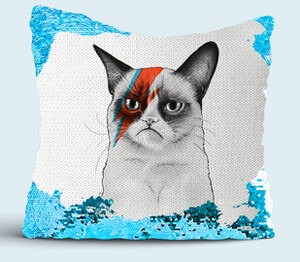 Grumpy Cat x Bowie подушка с пайетками (цвет: белый + синий)