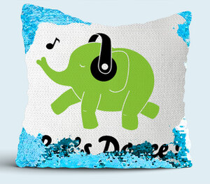 Слоник в наушниках - lets dance подушка с пайетками (цвет: белый + синий)
