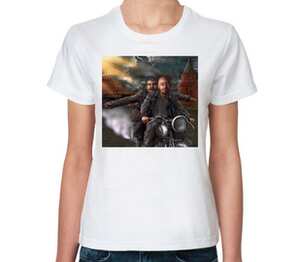 Ленин и Сталин на мотоцикле женская футболка с коротким рукавом (цвет: белый)