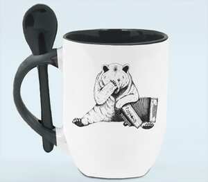 Медведь с баяном кружка с ложкой в ручке (цвет: белый + черный)