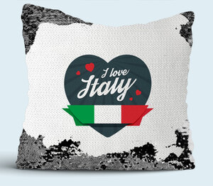 Я люблю Италию (i love Italy) подушка с пайетками (цвет: белый + черный)
