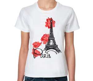 Париж - цветы и эйфелева башня (Paris) женская футболка с коротким рукавом (цвет: белый)