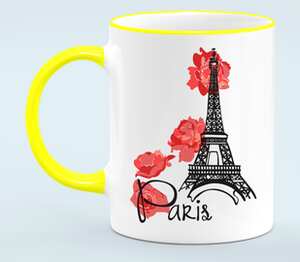 Париж - цветы и эйфелева башня (Paris) кружка с кантом (цвет: белый + желтый)