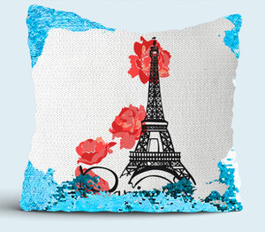 Париж - цветы и эйфелева башня (Paris) подушка с пайетками (цвет: белый + синий)