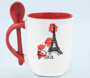 Париж - цветы и эйфелева башня (Paris) кружка с ложкой в ручке (цвет: белый + красный)