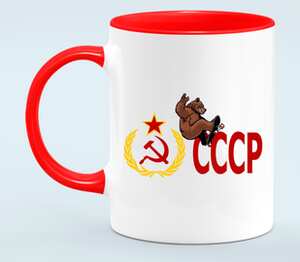 Медведь на скейте СССР кружка двухцветная (цвет: белый + красный)