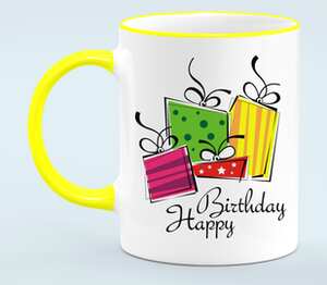 Подарки на день рождения (Happy birthday) кружка с кантом (цвет: белый + желтый)