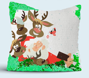 Санта делает селфи с оленями подушка с пайетками (цвет: белый + зеленый)