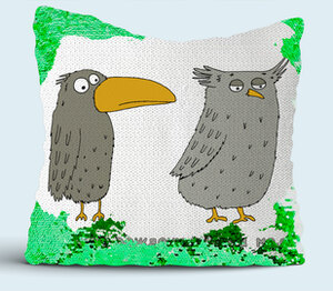 Сова и ворона - с днем рождения жена моя подушка с пайетками (цвет: белый + зеленый)