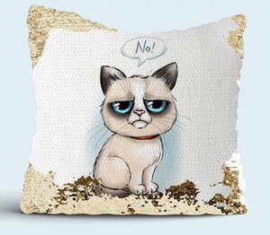 Недовольный кот подушка с пайетками (цвет: белый + золотой)