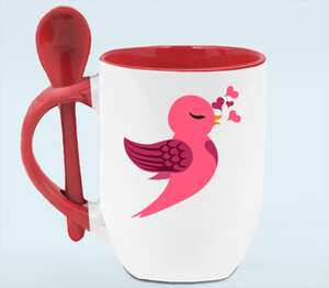 Влюбленная птичка кружка с ложкой в ручке (цвет: белый + красный)