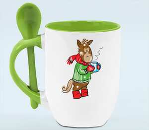 Лошадка пьет чай кружка с ложкой в ручке (цвет: белый + зеленый)